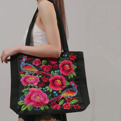 Tas Dames - Ruime Shopper met Geborduurde Bloemen en Vogelmotief | Bohemien