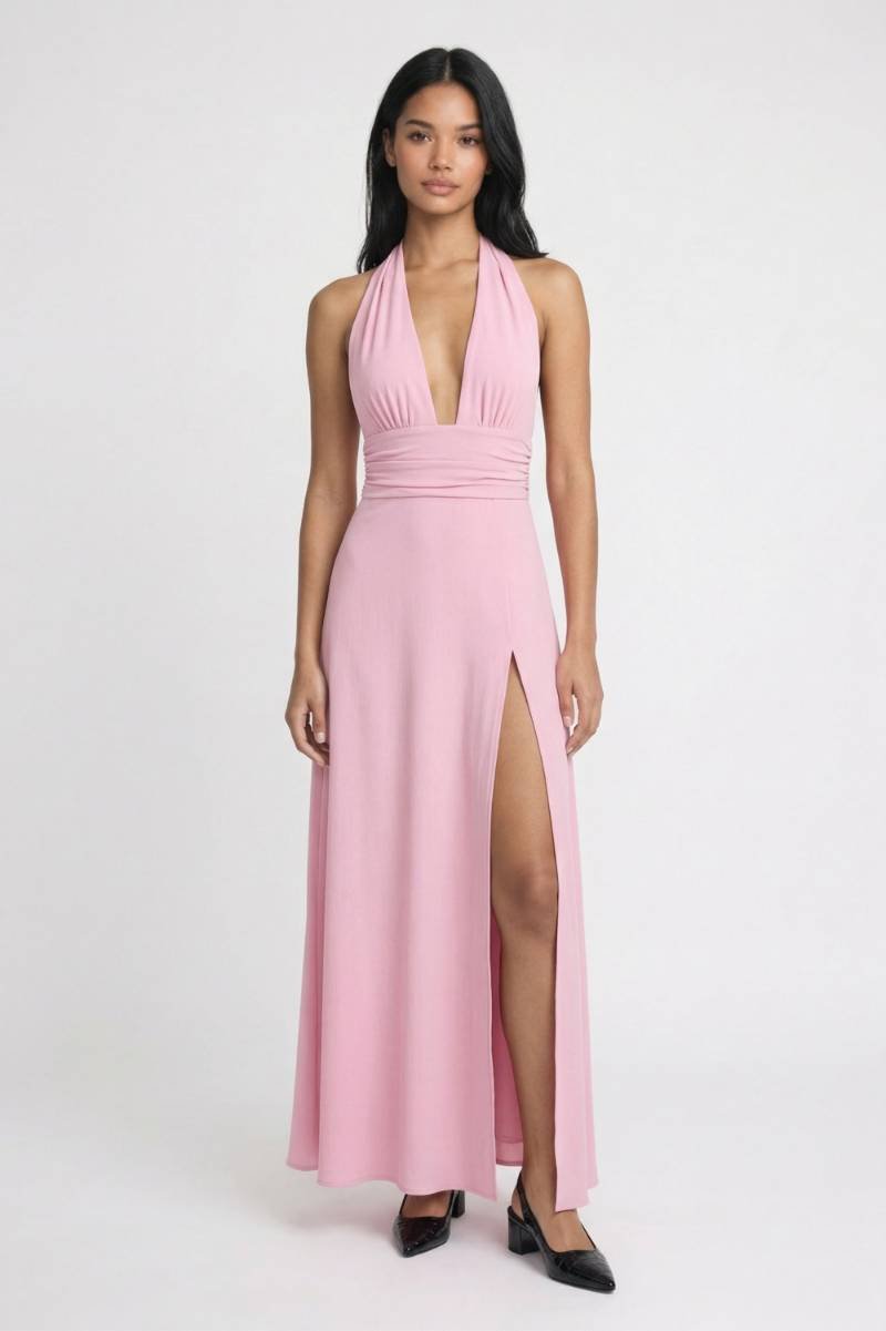 Halter Maxi Jurk Dames - Elegante Split | Diepe V-hals - Roze