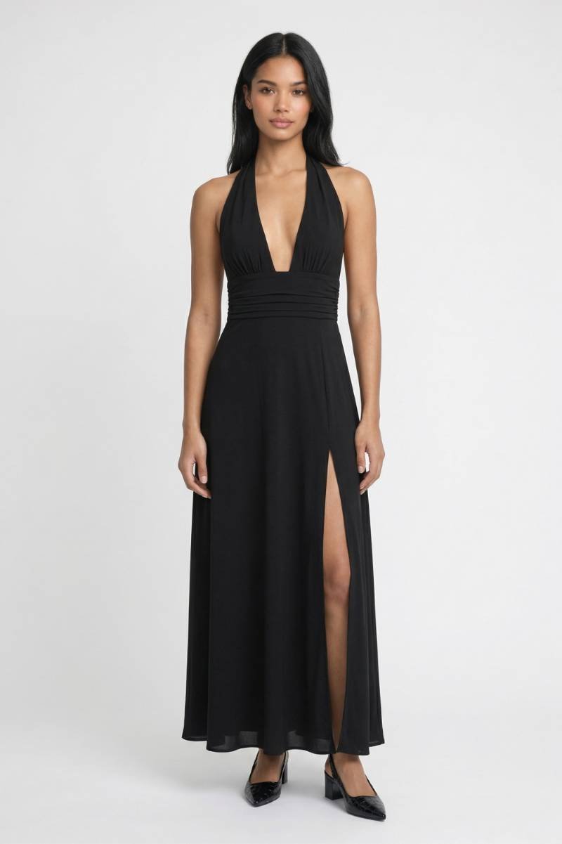 Halter Maxi Jurk Dames - Elegante Split | Diepe V-hals - Zwart