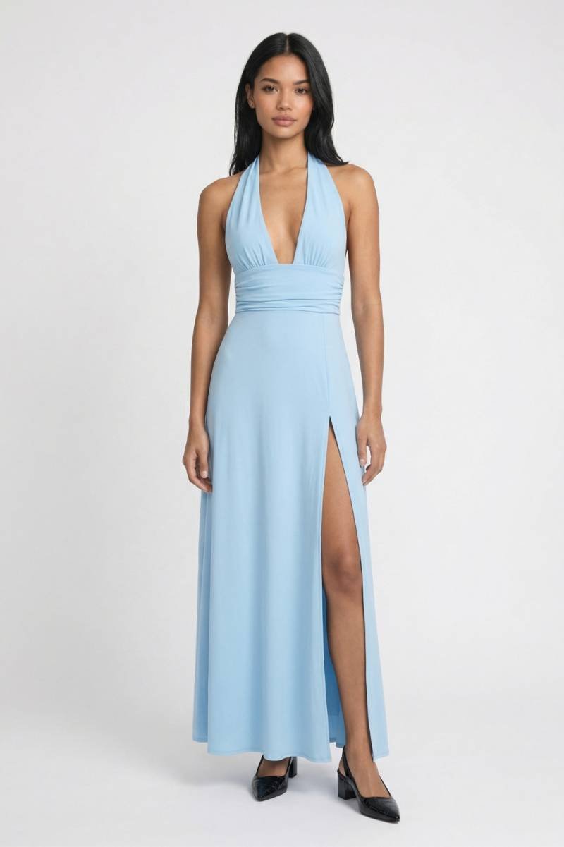Halter Maxi Jurk Dames - Elegante Split | Diepe V-hals - Lichtblauw
