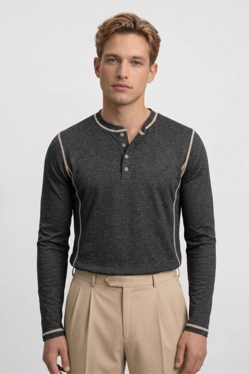 Henley Shirt Heren - Casual | Lange Mouwen & Knoopsluiting - Donkergrijs