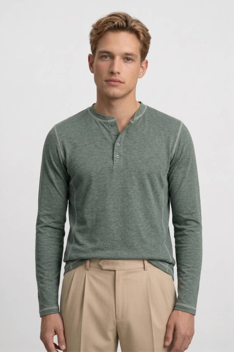 Henley Shirt Heren - Casual | Lange Mouwen & Knoopsluiting - Olijfgroen