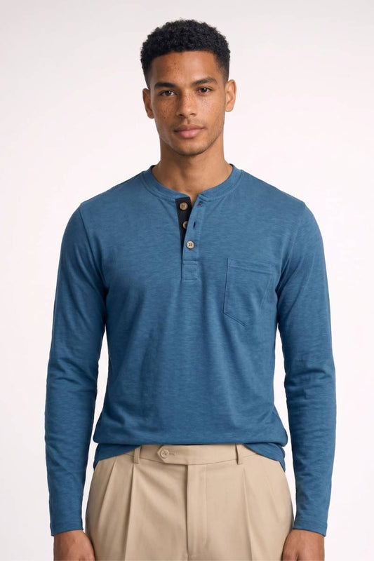 Henley Shirt Heren - Lange Mouwen | Knoopsluiting met Zakje — Lichtblauw