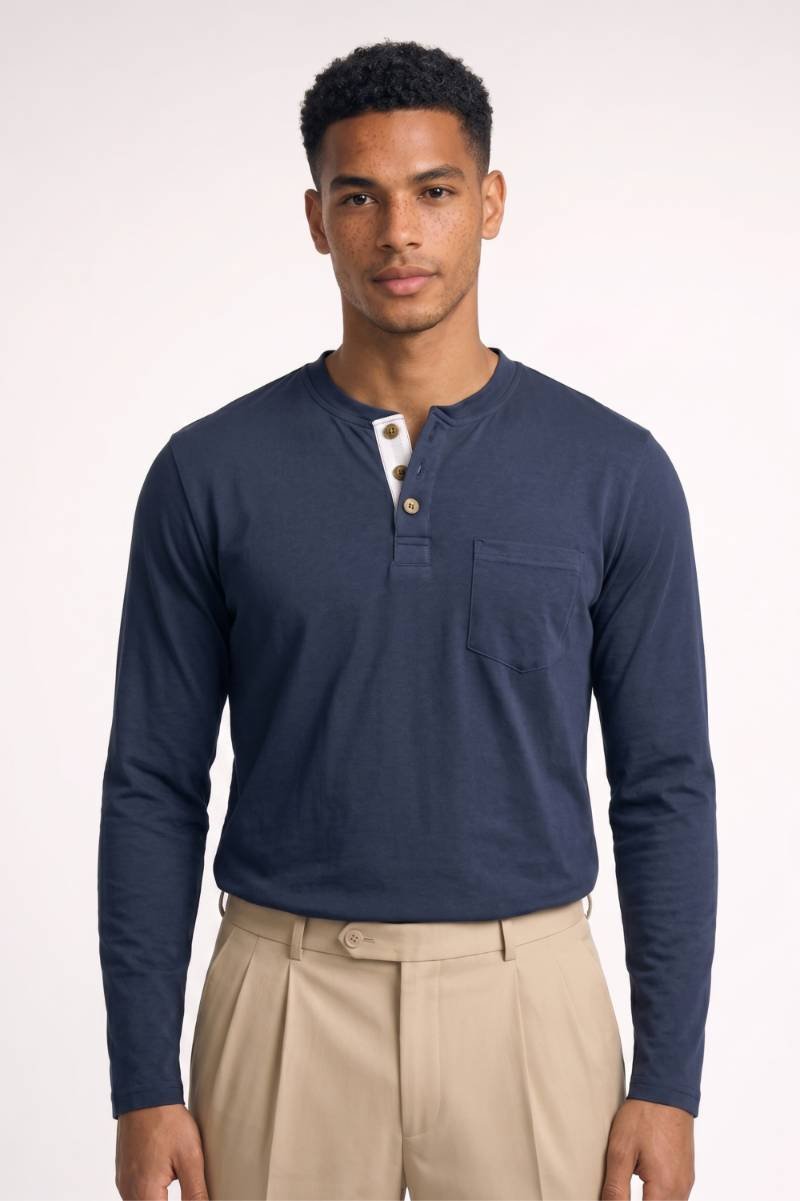 Henley Shirt Heren - Lange Mouwen | Knoopsluiting met Zakje — Donkerblauw