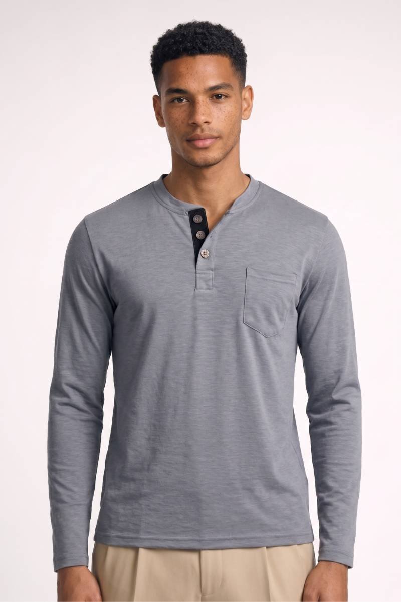 Henley Shirt Heren - Lange Mouwen | Knoopsluiting met Zakje — Grijs