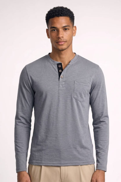 Henley Shirt Heren - Lange Mouwen | Knoopsluiting met Zakje — Grijs