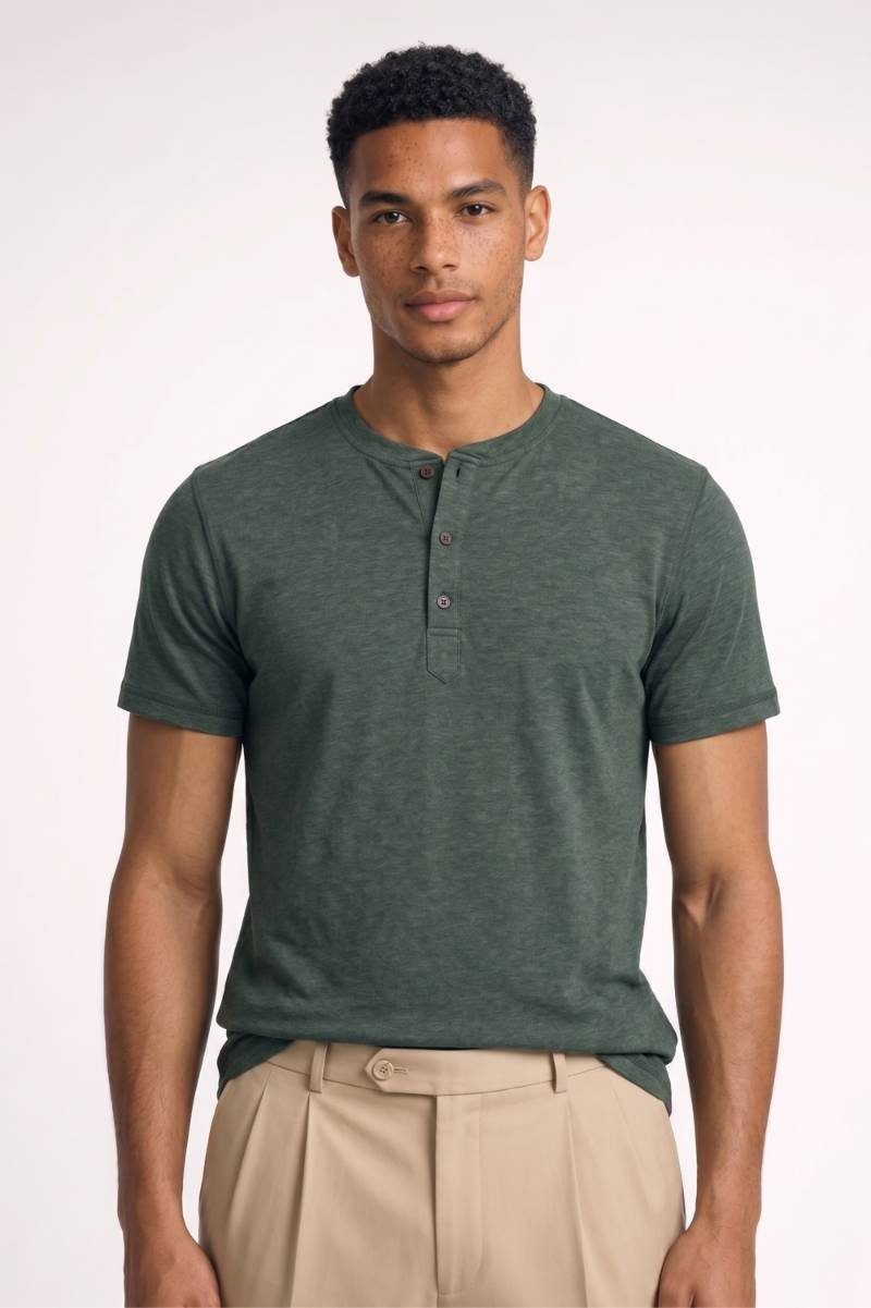 Henley T-Shirt Heren - Casual | Knoop Sluiting — Olijfgroen