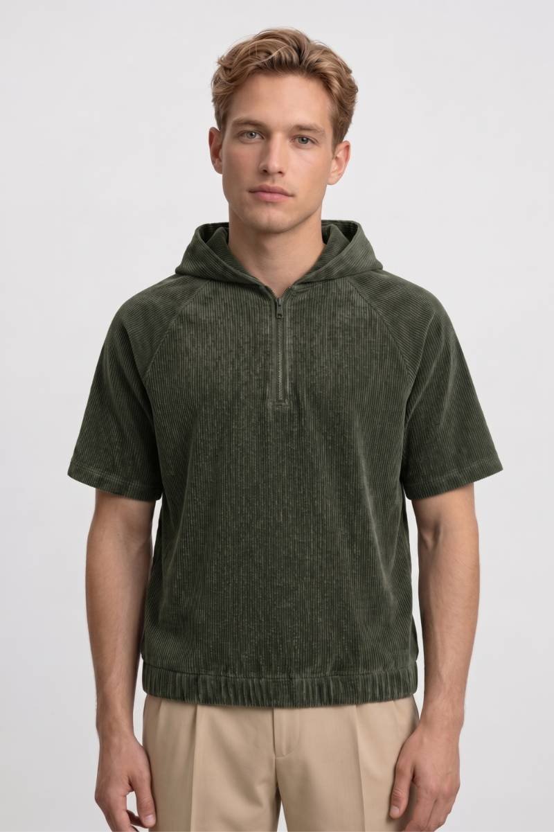 Hoodie Heren - Korte Mouwen | Met Rits en Capuchon — Olijfgroen