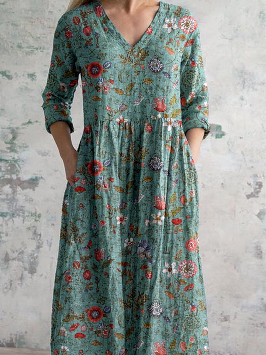 Maxi Jurk Dames - Driekwart Mouwen met Bloemenprint | Casual