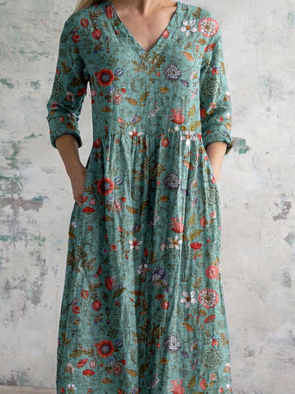Maxi Jurk Dames - Driekwart Mouwen met Bloemenprint | Casual