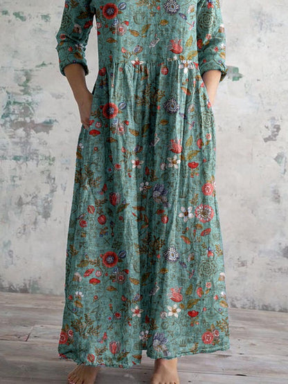 Maxi Jurk Dames - Driekwart Mouwen met Bloemenprint | Casual