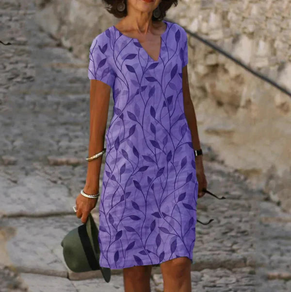 Jurk Dames - V-hals met Bladprint en Korte Mouwen | Zomer Casual