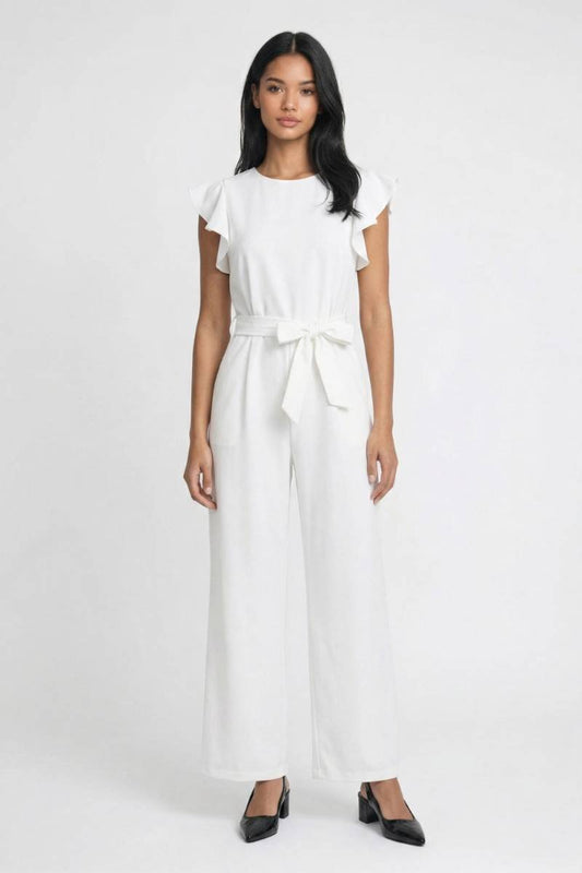 Jumpsuit Dames - Ruffle Mouwen | Met Strikceintuur — Wit