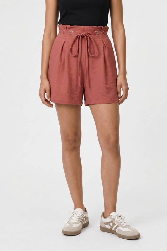 Korte Broek Dames - Hoge Taille | Paperbag Stijl met Strikceintuur — Terracotta