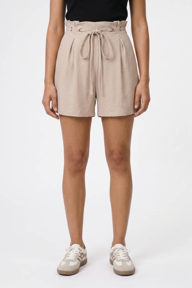 Korte Broek Dames - Hoge Taille | Paperbag Stijl met Strikceintuur — Beige