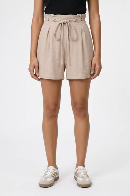 Korte Broek Dames - Hoge Taille | Paperbag Stijl met Strikceintuur — Beige