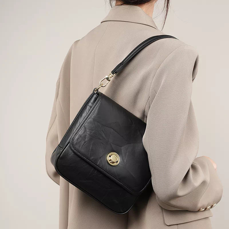 Tas Dames - Gestructureerde Flap Schoudertas met Gouden Draaislot | Chic