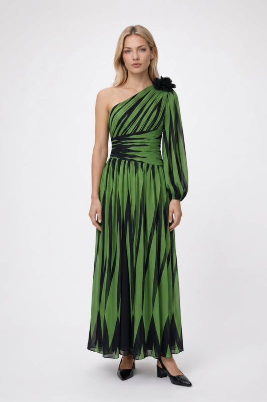 Maxi Jurk Dames - Eénschouder | Geometrisch Patroon — Groen Geometrisch