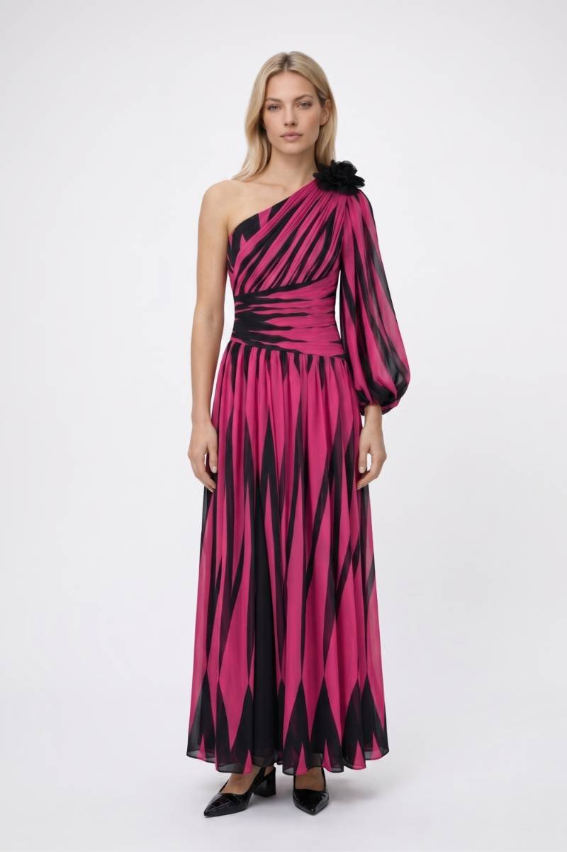 Maxi Jurk Dames - Eénschouder | Geometrisch Patroon — Roze Geometrisch