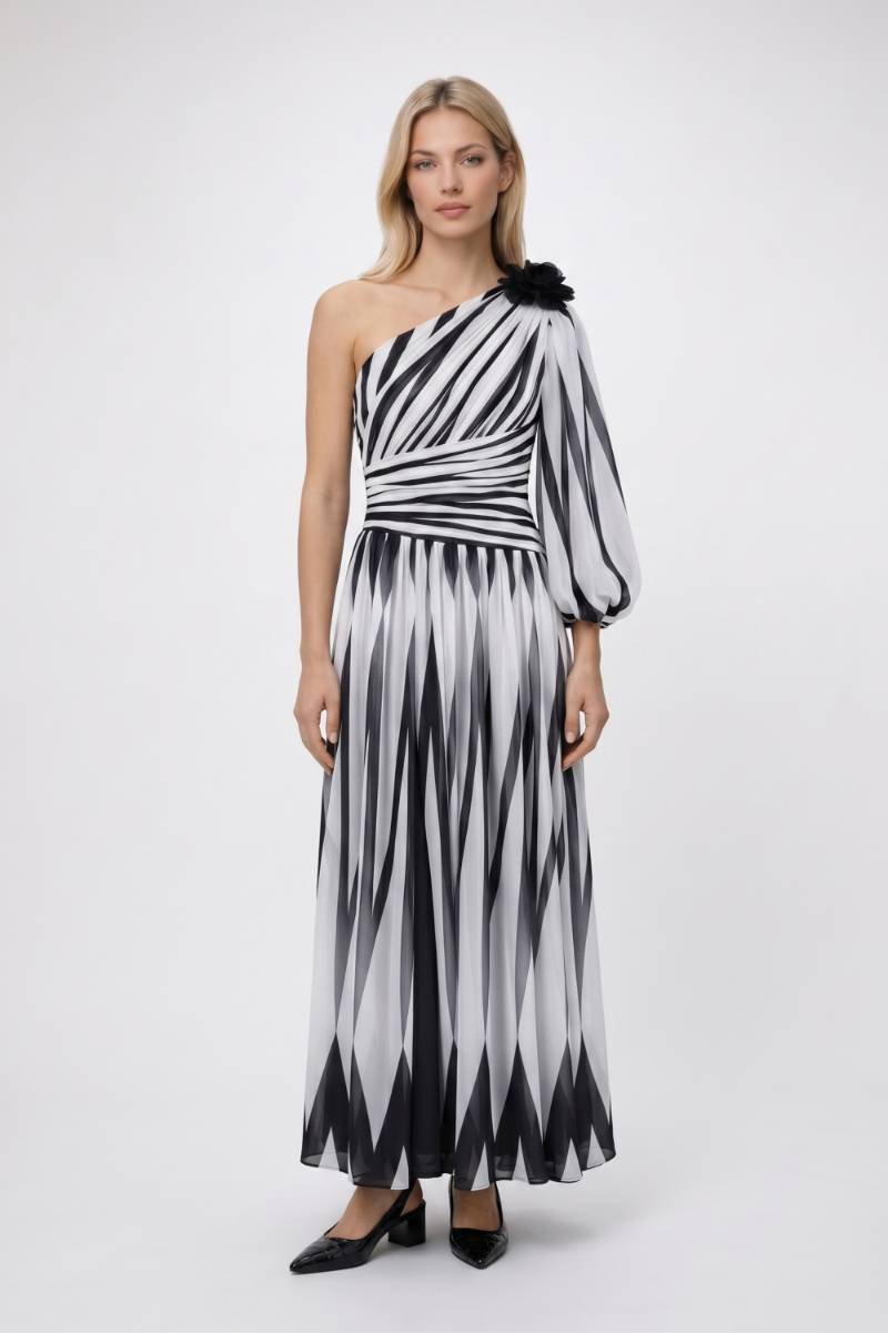 Maxi Jurk Dames - Eénschouder | Geometrisch Patroon — Zwart Wit Geometrisch