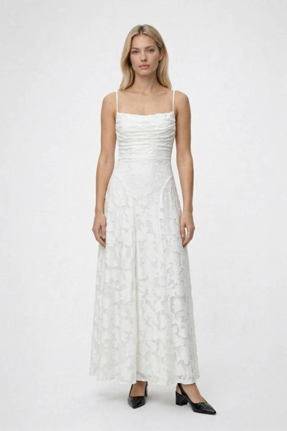 Maxi Jurk Dames - Elegant | Bandjes & Geplooide Taille — Wit