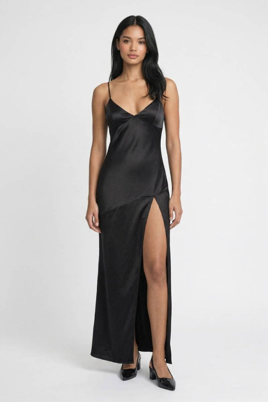 Maxi Jurk Dames - Elegant | Split Detail & Bandjes — Zwart