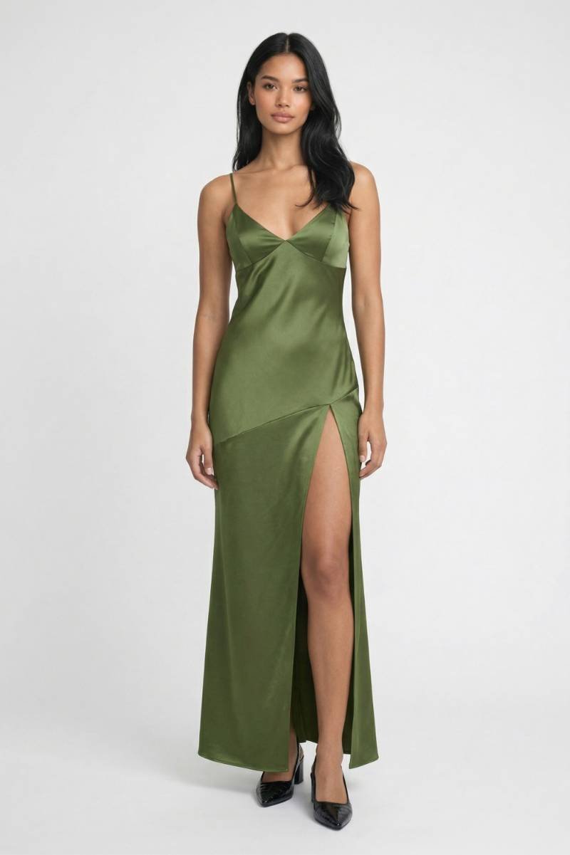 Maxi Jurk Dames - Elegant | Split Detail & Bandjes — Groen