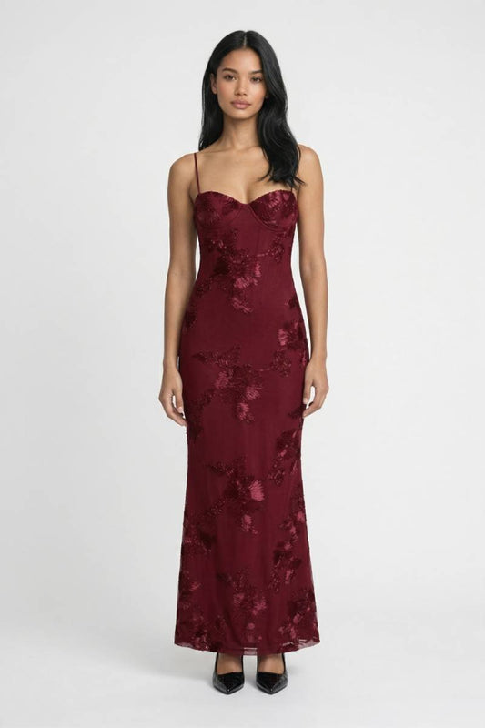 Maxi Jurk Dames - Elegant | Sweetheart Hals & Spaghetti Bandjes - Bordeaux