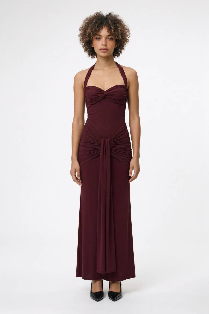 Maxi Jurk Dames - Halter Gedrapeerd | Strikceintuur - Bordeaux