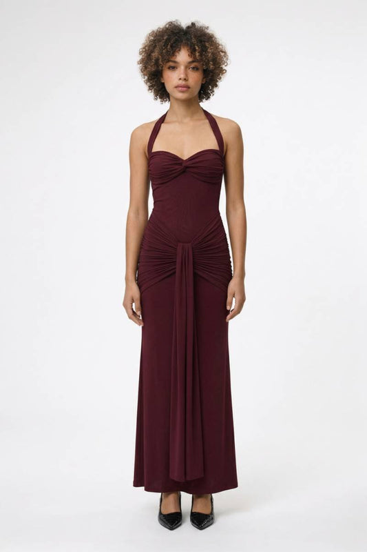 Maxi Jurk Dames - Halter Gedrapeerd | Strikceintuur - Bordeaux