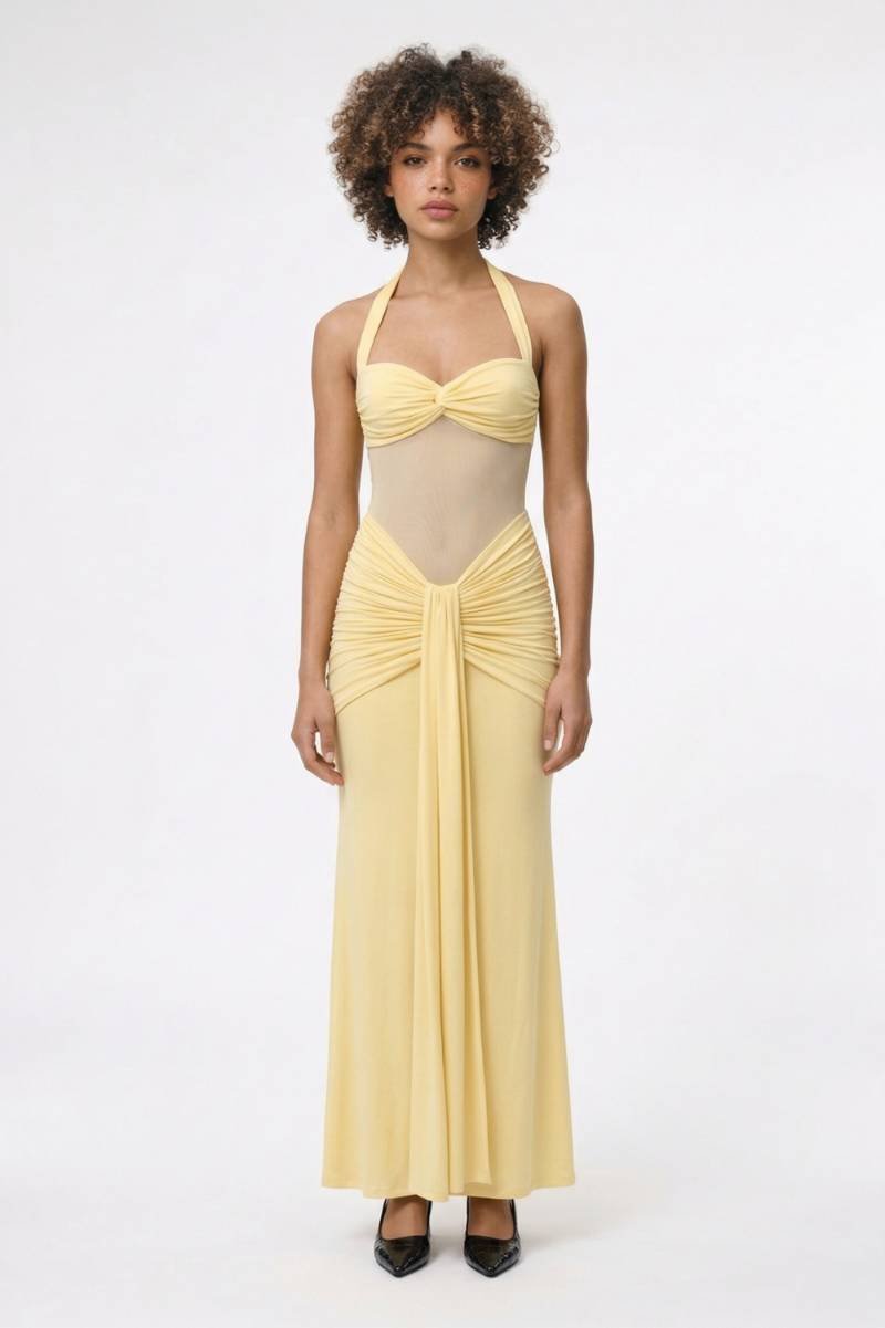 Maxi Jurk Dames - Halter Gedrapeerd | Strikceintuur - Geel