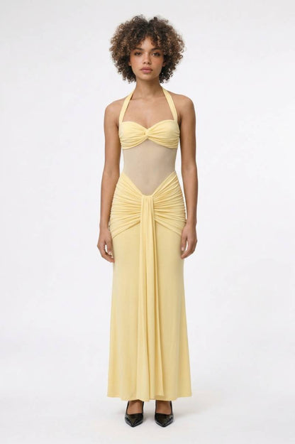 Maxi Jurk Dames - Halter Gedrapeerd | Strikceintuur - Geel