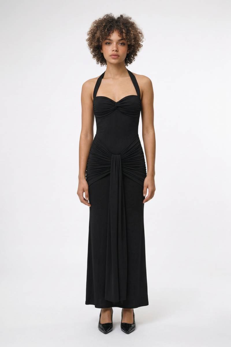 Maxi Jurk Dames - Halter Gedrapeerd | Strikceintuur - Zwart