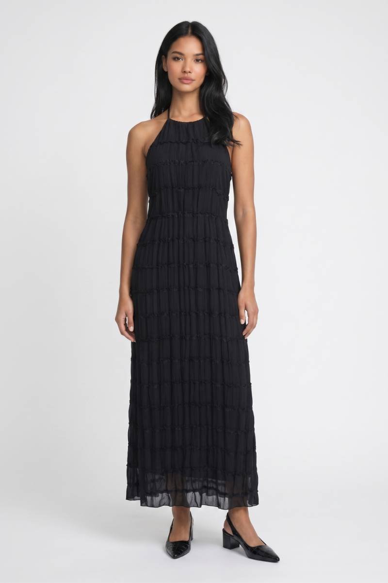 Maxi Jurk Dames - Halter | Gepleatte Lagen met Textuur — Zwart
