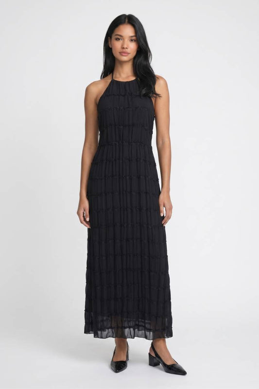 Maxi Jurk Dames - Halter | Gepleatte Lagen met Textuur — Zwart