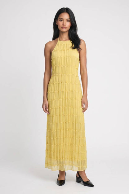 Maxi Jurk Dames - Halter | Gepleatte Lagen met Textuur — Geel