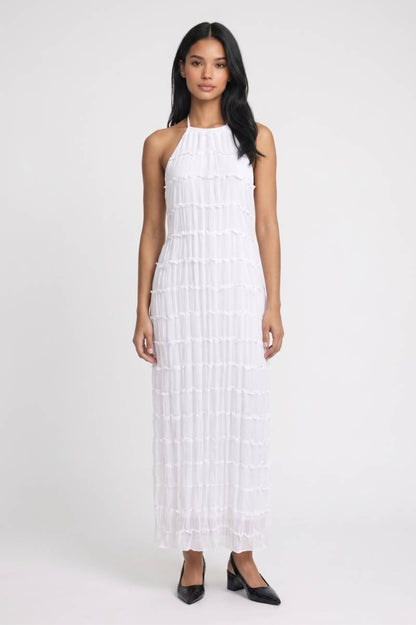 Maxi Jurk Dames - Halter | Gepleatte Lagen met Textuur — Wit