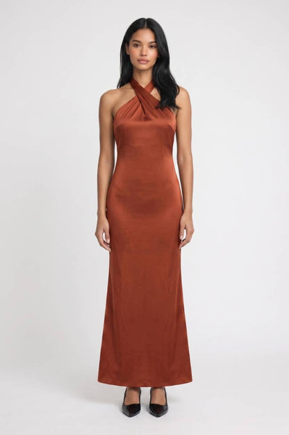 Maxi Jurk Dames - Halter Kruis | Elegante Avondlook — Terracotta