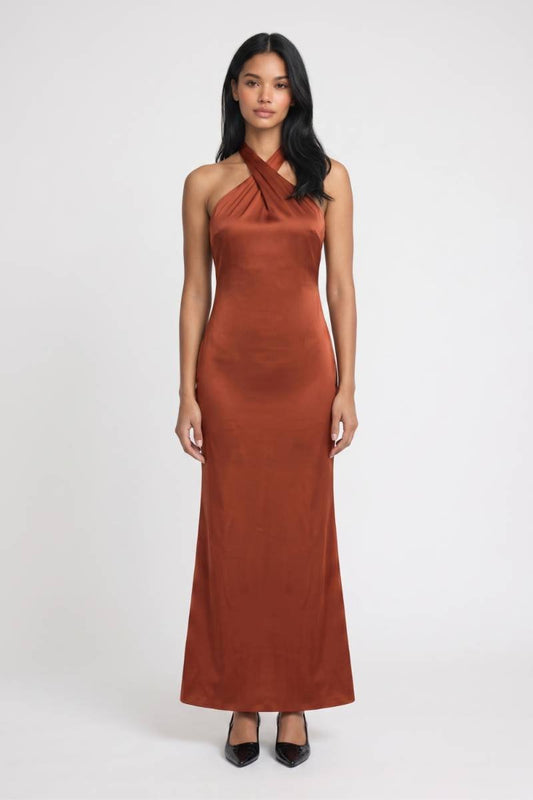 Maxi Jurk Dames - Halter Kruis | Elegante Avondlook — Terracotta
