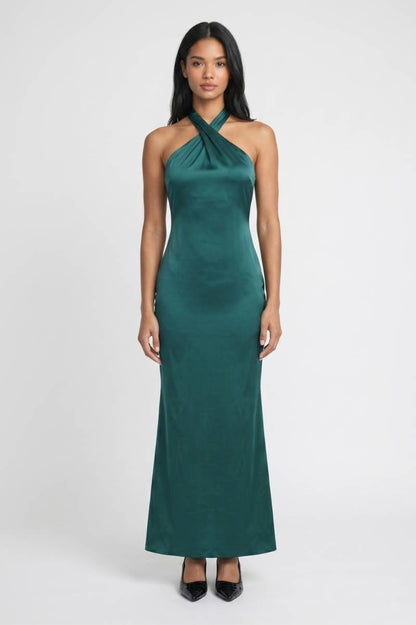 Maxi Jurk Dames - Halter Kruis | Elegante Avondlook — Groen