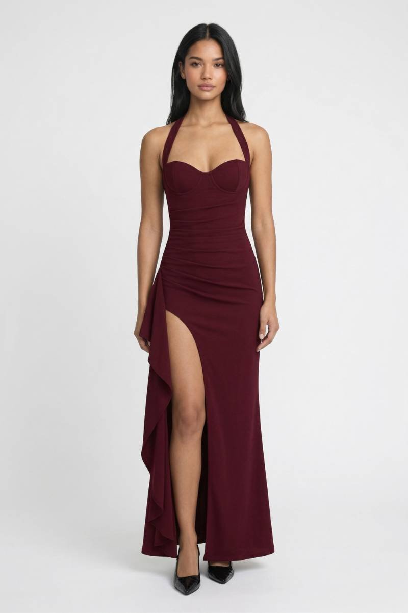 Maxi Jurk Dames - Halter | Zijsplit & Getailleerd - Bordeaux