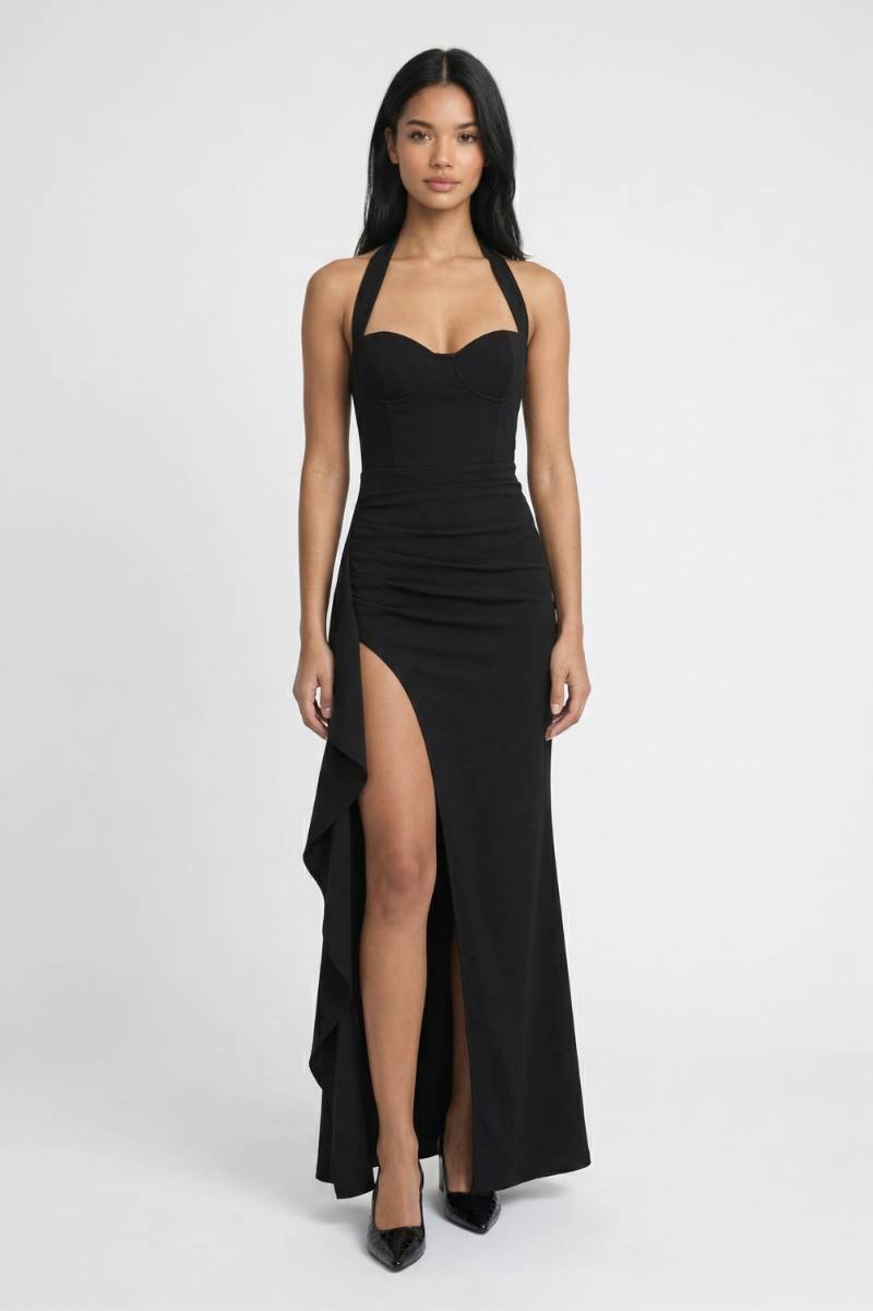 Maxi Jurk Dames - Halter | Zijsplit & Getailleerd - Zwart