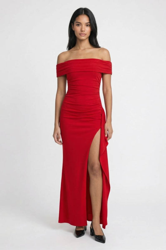 Maxi Jurk Dames - Off Shoulder | Split & Getailleerd - Rood