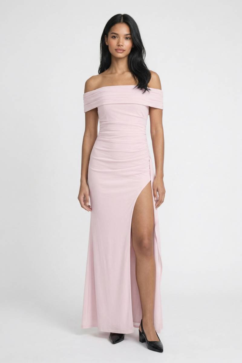 Maxi Jurk Dames - Off Shoulder | Split & Getailleerd - Lichtroze