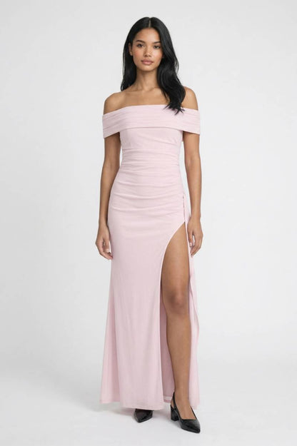 Maxi Jurk Dames - Off Shoulder | Split & Getailleerd - Lichtroze