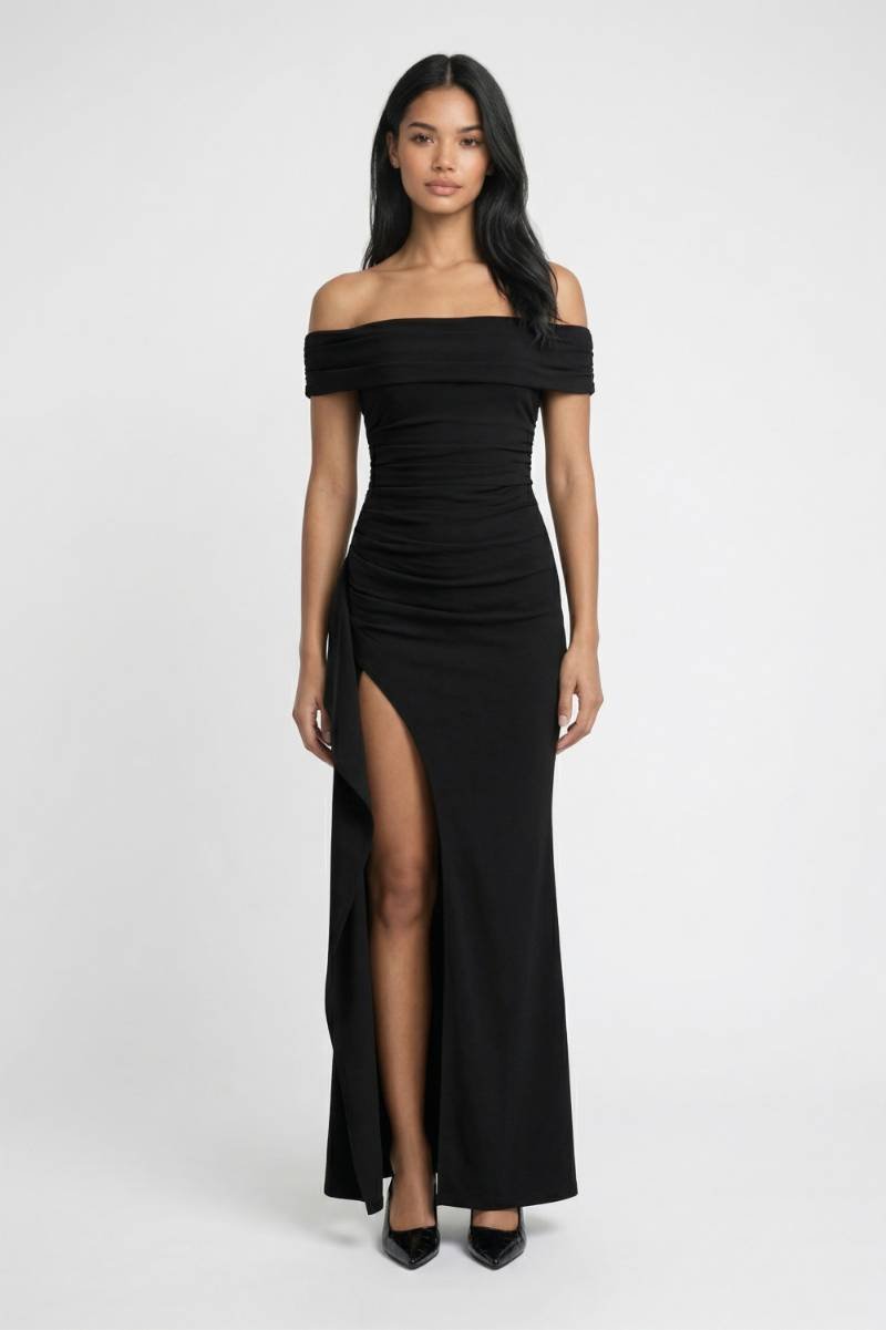Maxi Jurk Dames - Off Shoulder | Split & Getailleerd - Zwart