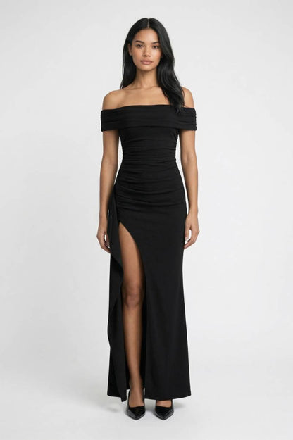 Maxi Jurk Dames - Off Shoulder | Split & Getailleerd - Zwart