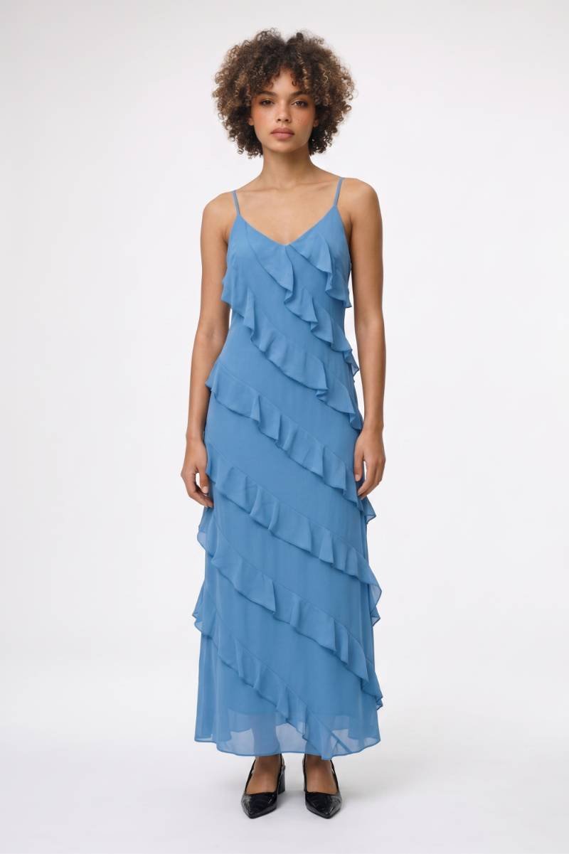 Maxi Jurk Dames - Ruffle Detail | V-hals met Spaghetti Bandjes — Blauw