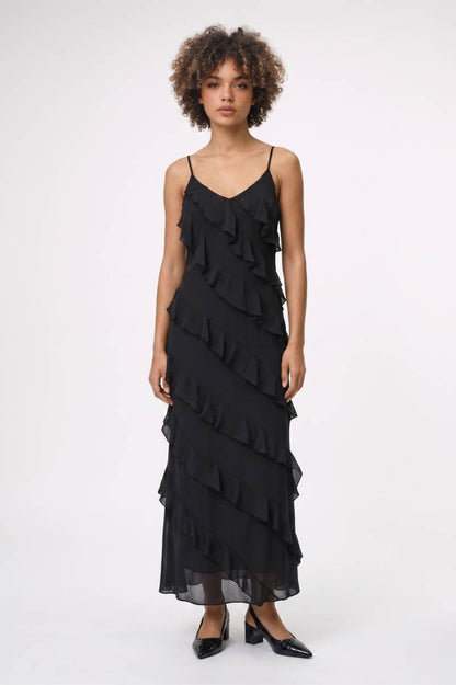 Maxi Jurk Dames - Ruffle Detail | V-hals met Spaghetti Bandjes — Zwart