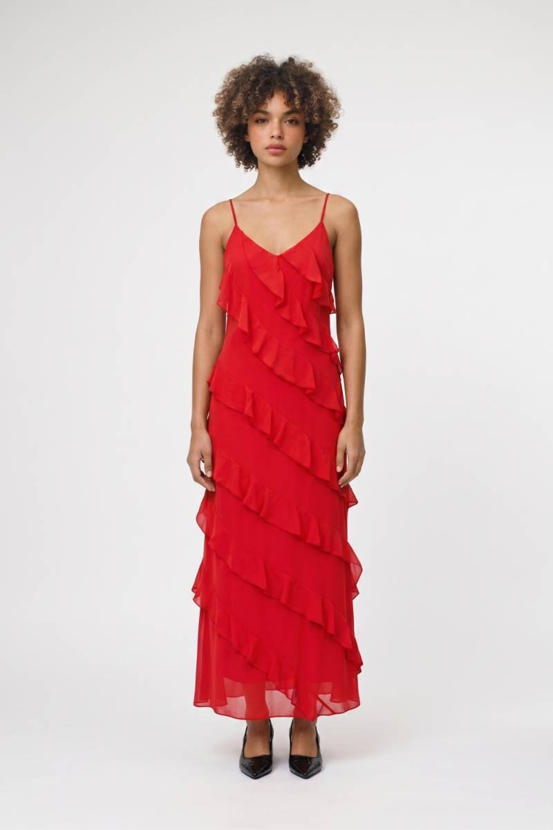 Maxi Jurk Dames - Ruffle Detail | V-hals met Spaghetti Bandjes — Rood